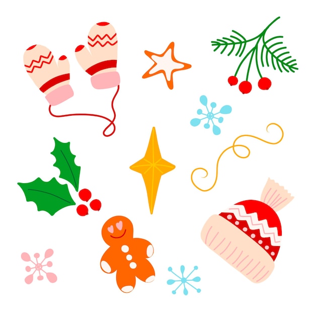 Vector conjunto de elementos de invierno con guantes de gorro de punto y copos de nieve en estilo de dibujos animados