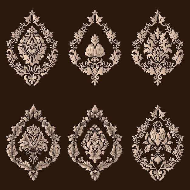 Vector conjunto de elementos ornamentales de Damasco. Elementos abstractos florales elegantes para el diseño. Perfecto para invitaciones, tarjetas, etc.