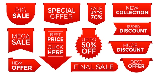 Vector conjunto de etiquetas de venta rojo de diferentes formas aisladas sobre fondo blanco