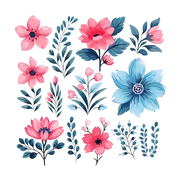 Vector, conjunto, de, flor, rosa, azul, y, hoja