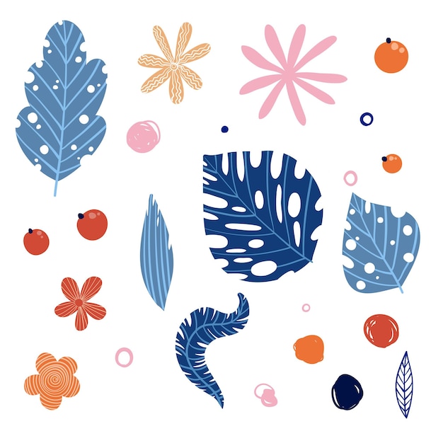 Vector conjunto floral tropical. Colección floral colorida con hojas y flores aisladas, dibujo a mano. Diseño para invitación, boda o tarjetas de felicitación.