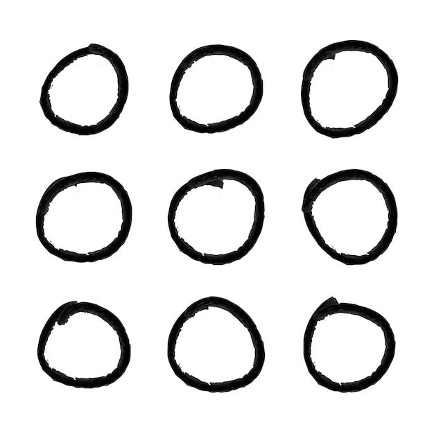 Vector conjunto de formas de círculo negro texturizado dibujadas a mano aisladas sobre fondo blanco