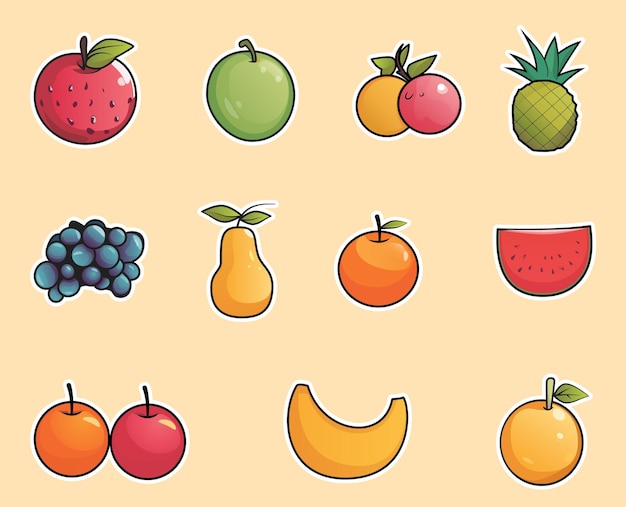 Vector conjunto de frutas adhesivo plano