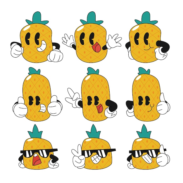 Vector conjunto de frutas de dibujos animados retro dibujados a mano