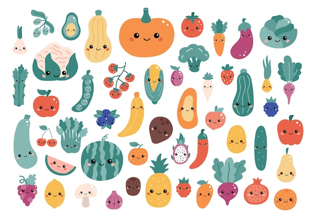 Vector conjunto de frutas y verduras de dibujos animados kawaii con caras divertidas