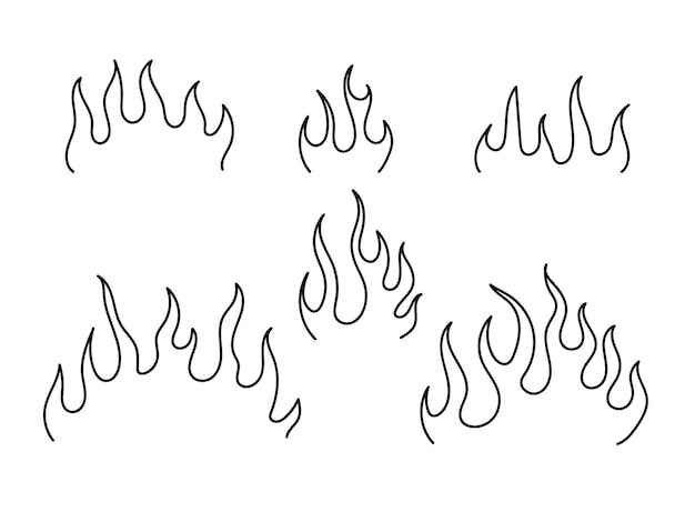 Vector vector del conjunto de fuego dibujado a mano por el contorno de la llama