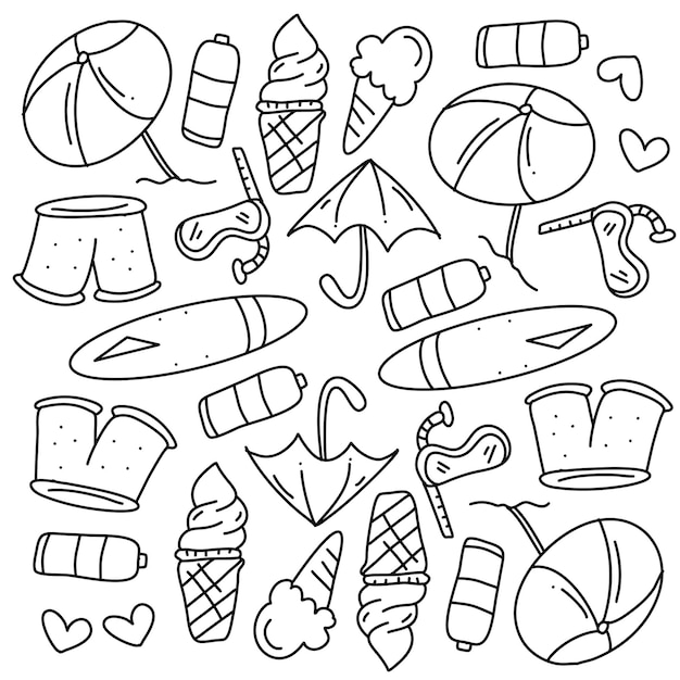vector de conjunto de garabatos de fiesta de verano con estilo de línea