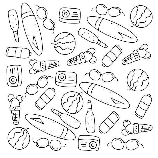 vector de conjunto de garabatos de fiesta de verano con estilo de línea