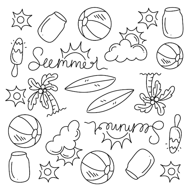 vector de conjunto de garabatos de fiesta de verano con estilo de línea
