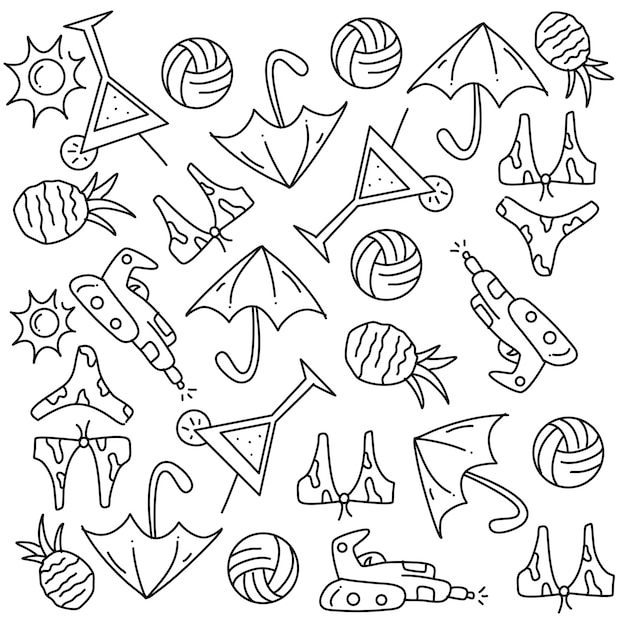 vector de conjunto de garabatos de fiesta de verano con estilo de línea