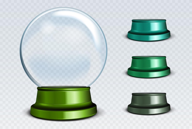 Vector conjunto de globo de nieve vacío. Esfera de vidrio transparente blanco sobre un soporte con reflejos y reflejos.
