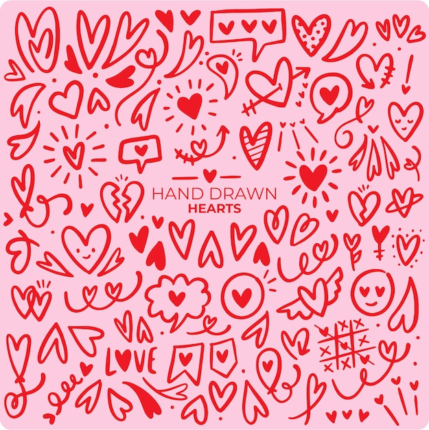 Vector de conjunto grande de dibujos a mano de corazones