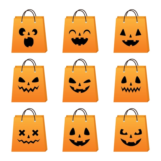 Vector vector conjunto de halloween de bolsas de compras naranjas con caras de miedo