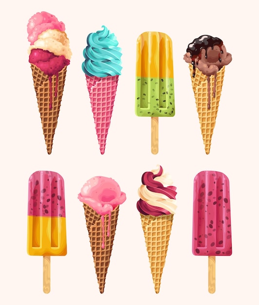 Vector conjunto de helados y paletas con diferentes sabores