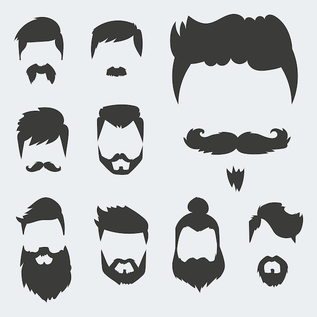 Vector conjunto de hipster estilo de pelo retro bigote vintage viejo afeitado barba facial masculina corte de pelo aislado ...