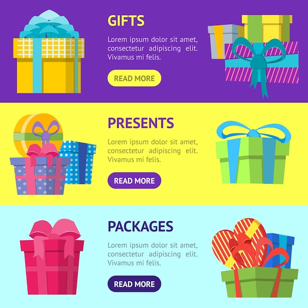 Vector de conjunto horizontal de banner de cajas de regalo de color de dibujos animados