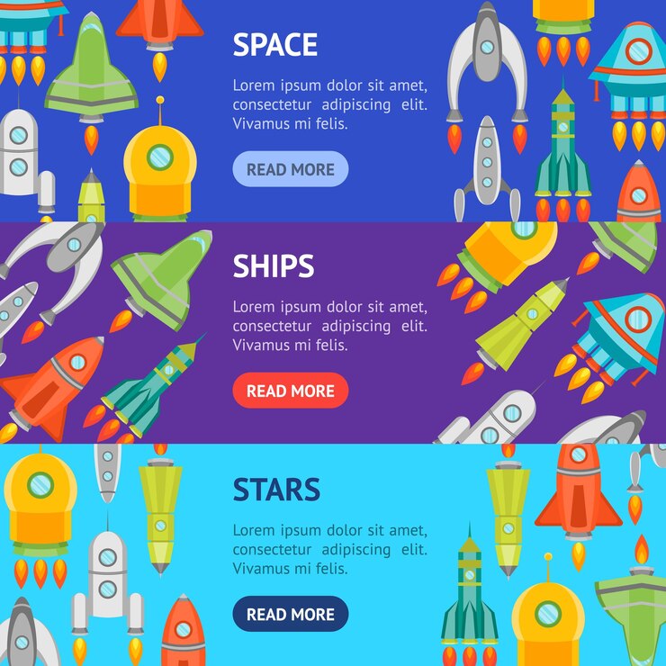 Vector vector de conjunto horizontal de banner de cohete o nave espacial de dibujos animados