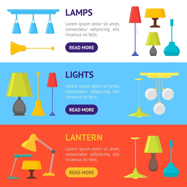Vector de conjunto horizontal de banner de lámpara de iluminación de hogar de dibujos animados