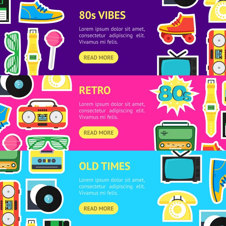 Vector vector de conjunto horizontal de banner de símbolo de estilo de dibujos animados de los años ochenta