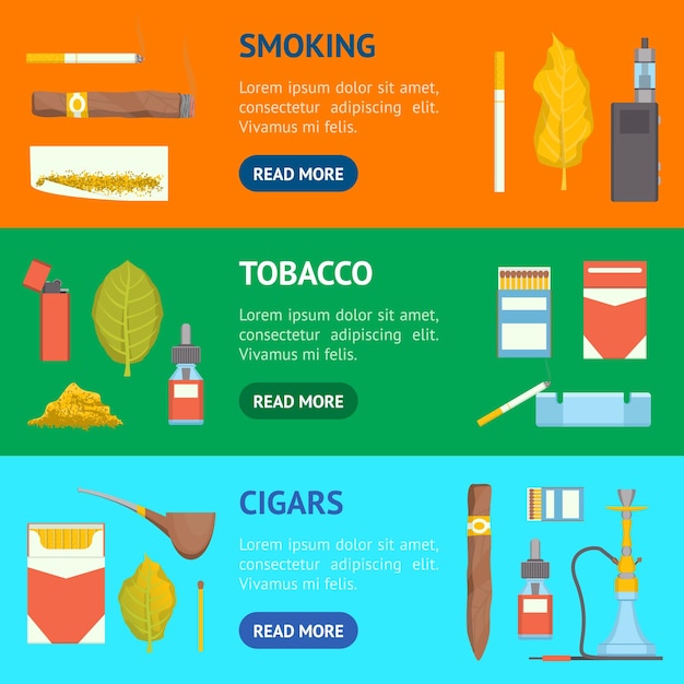 Vector de conjunto horizontal de colores de dibujos animados para fumar productos de tabaco
