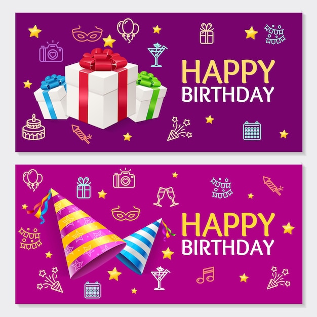 Vector de conjunto horizontal de tarjeta de banner de cumpleaños