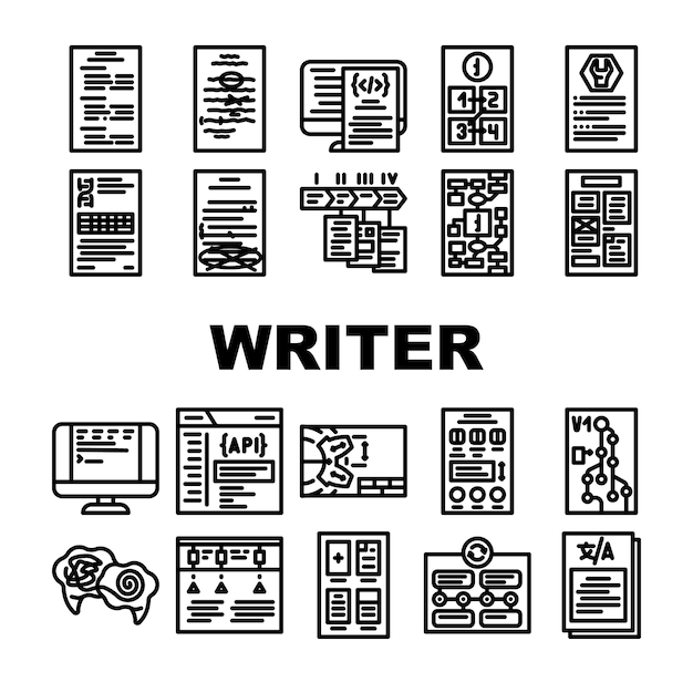 Vector de conjunto de íconos del autor de documentos técnicos y manuales