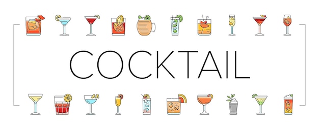 Vector vector de conjunto de iconos de barras de bebidas alcohólicas para copas de cócteles