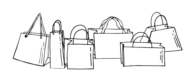 Vector conjunto de iconos de bolsas de compras de Doodle negro