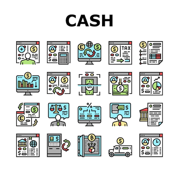 Vector de conjunto de iconos de cobro de servicios bancarios de efectivo