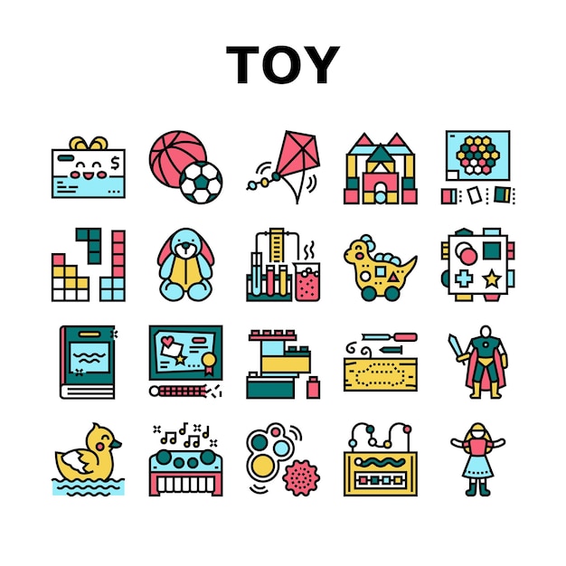 Vector de conjunto de iconos de la colección de productos de la tienda de juguetes