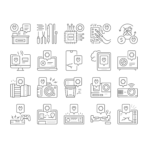 Vector de conjunto de iconos de colección de reparación electrónica
