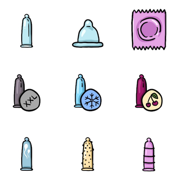 Vector conjunto de iconos de condón de Doodle de color