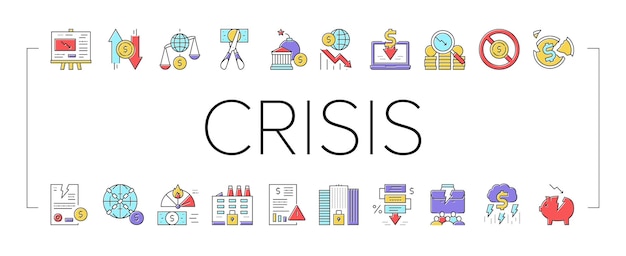 Vector de conjunto de iconos de la crisis financiera mundial