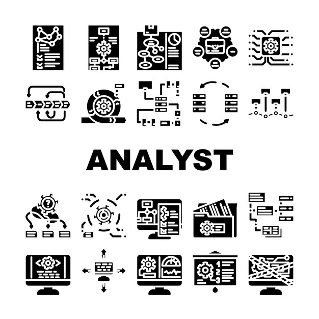 Vector de conjunto de iconos de datos de negocio del analista de sistemas