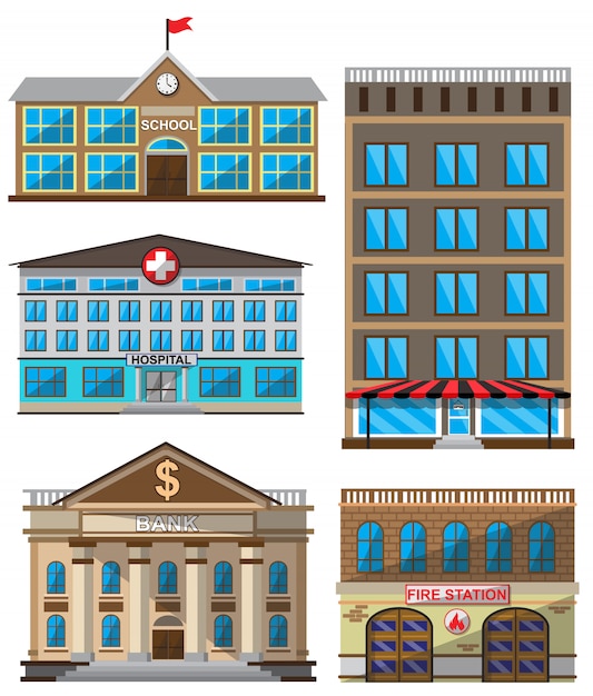 Vector conjunto de iconos decorativos edificios planos