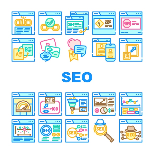 Vector de conjunto de iconos digitales de negocios de SEO web tech