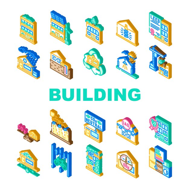Vector de conjunto de iconos ecológicos de la sostenibilidad de la construcción verde