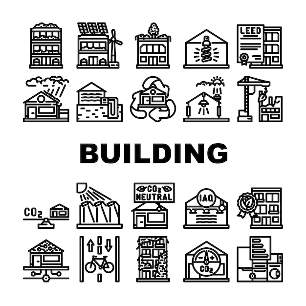 Vector de conjunto de iconos ecológicos de la sostenibilidad de la construcción verde