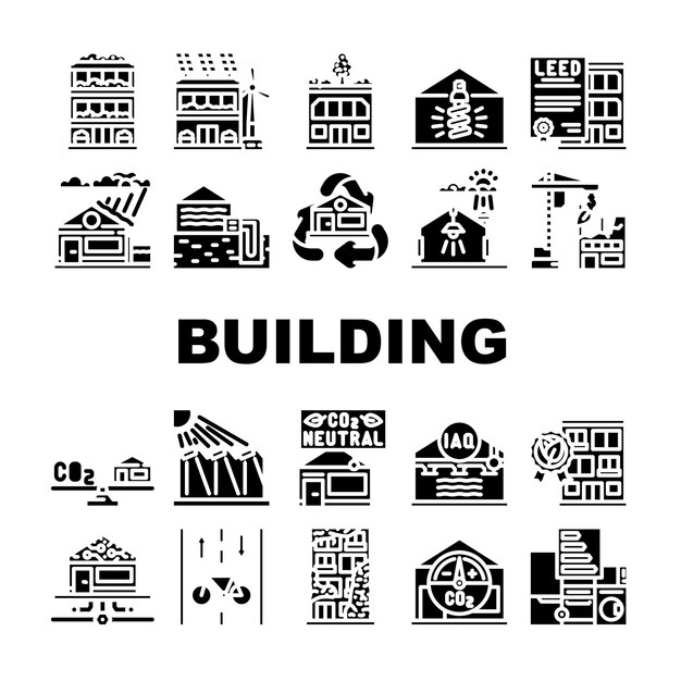 Vector de conjunto de iconos ecológicos de la sostenibilidad de la construcción verde