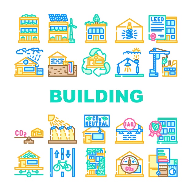 Vector de conjunto de iconos ecológicos de la sostenibilidad de la construcción verde