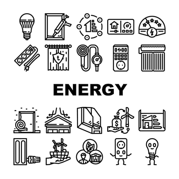 Vector de conjunto de iconos de eficiencia de conservación de la energía