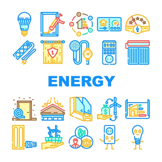 Vector de conjunto de iconos de eficiencia de conservación de la energía
