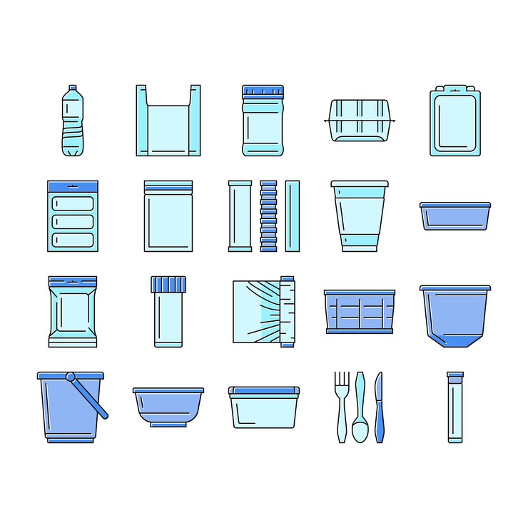 Vector vector de conjunto de iconos de envases plásticos para alimentos