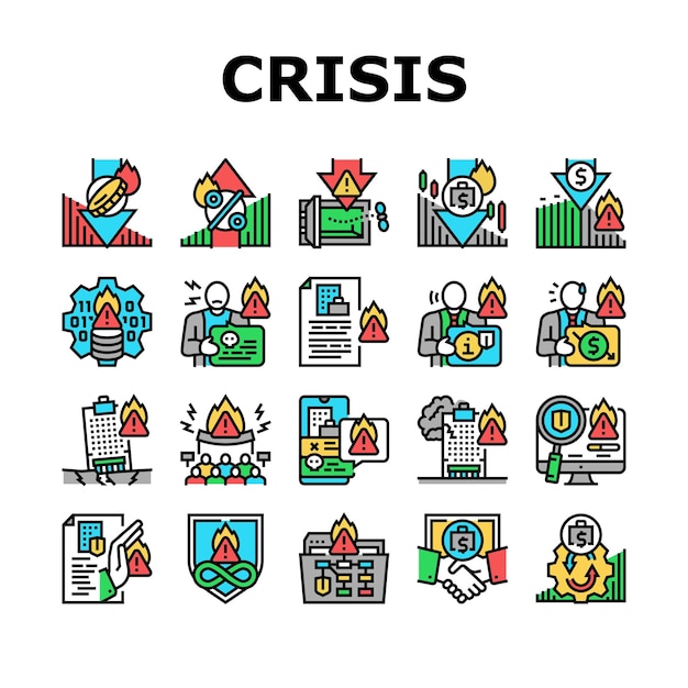 Vector de conjunto de iconos de la estrategia de gestión de crisis