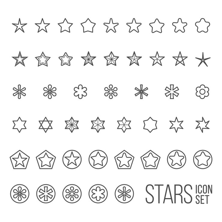 Vector conjunto de iconos de estrellas y pictogramas. Colección de estrellas de cinco y seis puntas.
