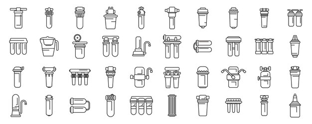 Vector de conjunto de íconos de filtro para purificación de agua Una colección de filtros y purificadores de agua