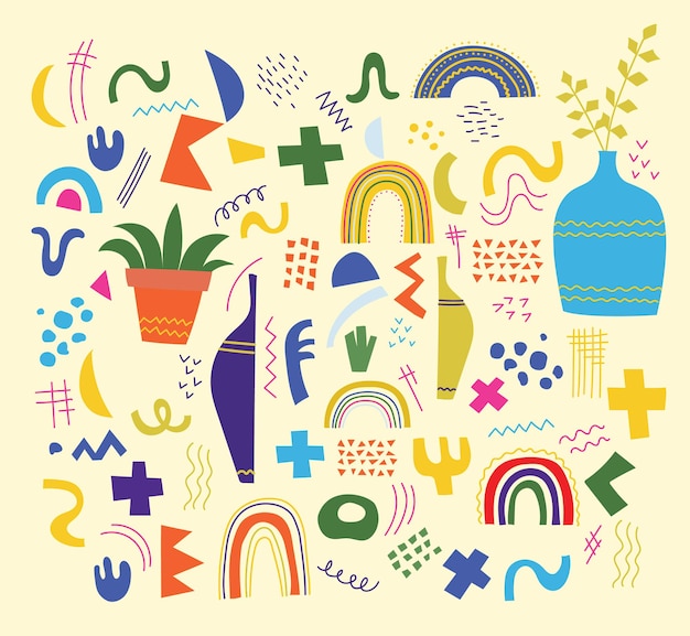 Vector conjunto de iconos y formas geométricas de moda doodle y naturaleza abstracta. Diseño orgánico y minimalista para banner, portada, papel tapiz, decoración de fondo de historias.