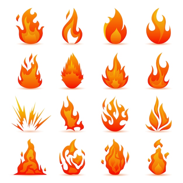 Vector conjunto de iconos de fuego y llama. Llamas de colores en el estilo plano. Iconos simples, hoguera