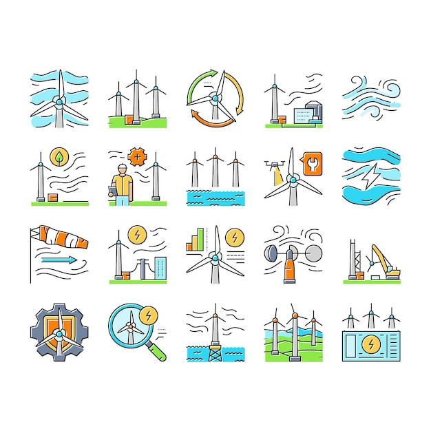 Vector de conjunto de iconos de la granja de energía de la turbina eólica