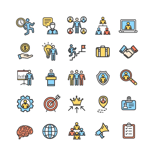 Vector de conjunto de iconos de línea delgada de color empresarial de gestión